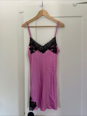 Silk Pink Slip Dress with Black Lace Trim